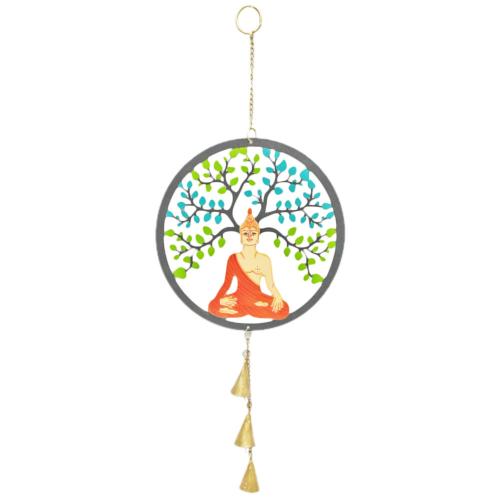 Hanging Windchime Metal Buddha under Tree 20cm diameter