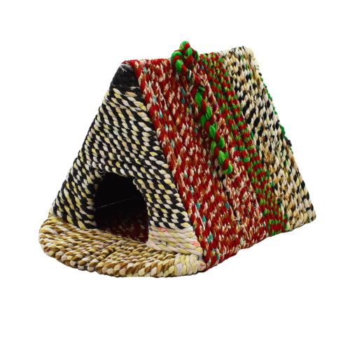 Bird house, woven recycled saris on frame, triangle