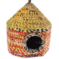 Bird house recycled sari material on frame teepee shape 13x17x13cm