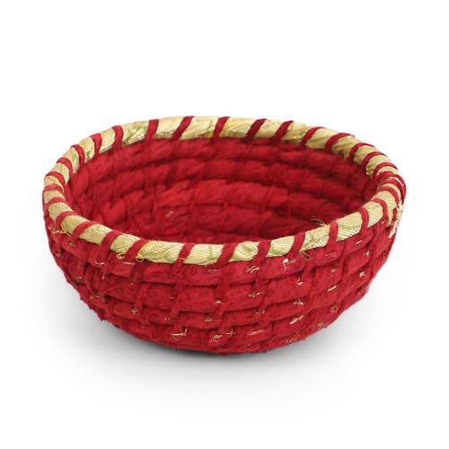 Round basket, recycled sari material and kaisa grass red 15x7cm