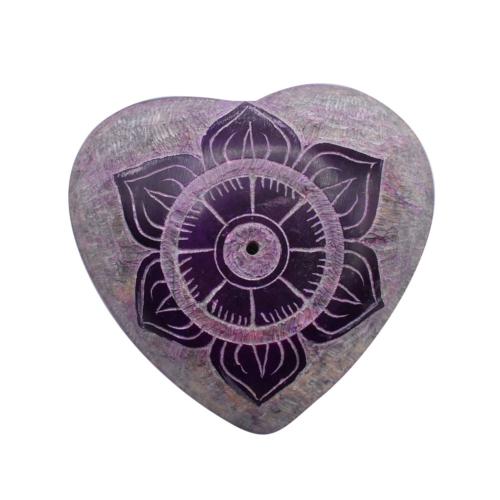 Pebble / incense holder heart carved soapstone, chakra crown 5.5cm