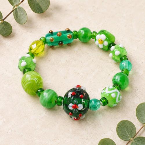 Bracelet Glass Beads Greens with Embellished Patterns
