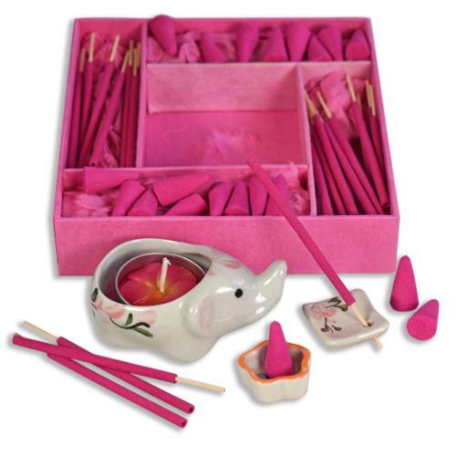 Lotus incense and candle gift set with elephant shaped tlight, 15x15cm