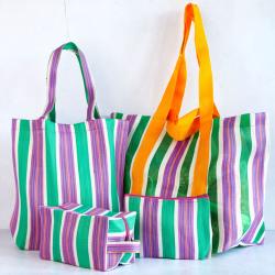 Pouch bag from recycled plastic cement bags, green pink stripes 22x16x7cm