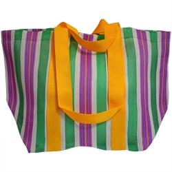 Beach/shopping bag recycled plastic cement bags, green pink stripes 56x36x22cm