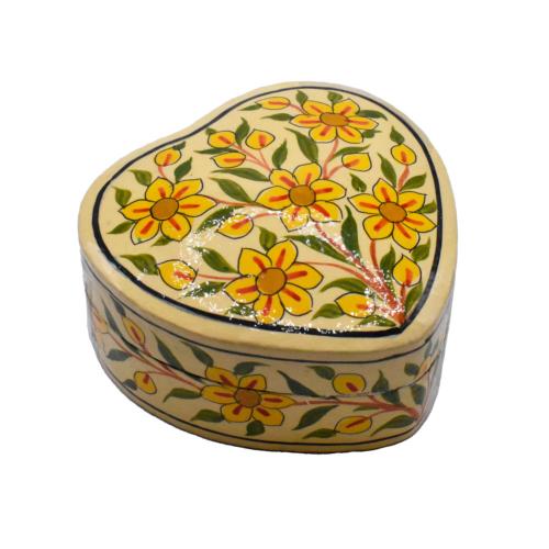 Heart Shaped Trinket Box, yellow floral design, papier mâché, 8cm