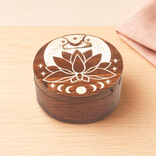 Puzzle Box Round Lotus Sheesham Wood 10 x 10 x 6cm