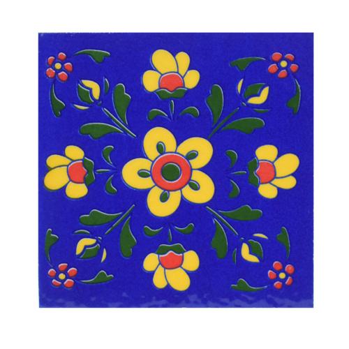 Single square ceramic coaster floral yellow on dark blue 10cm