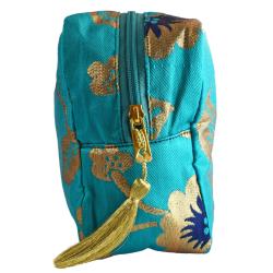 Turquoise washbag with recycled brocade fabric 22 x 29 cm