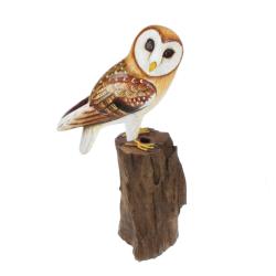Barn owl on tree trunk, hand carved wooden indoor/garden ornament 32cm