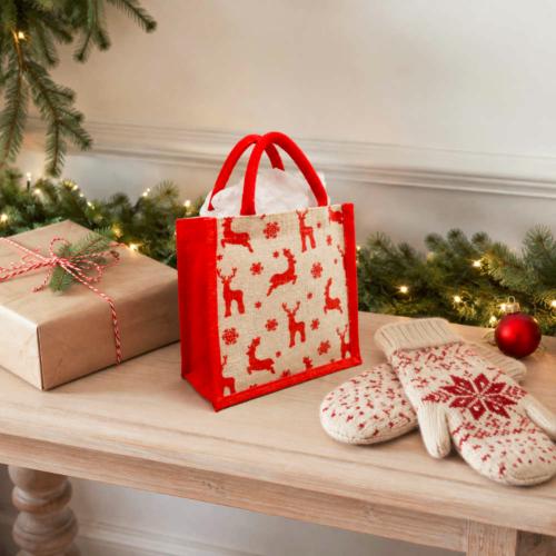 Jute Christmas gift bag, reindeer design, 20x20cm