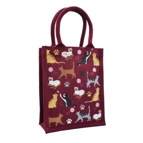 Jute shopping bag, small, Cats burgundy 20x25cm
