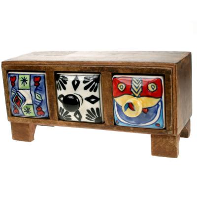 Wooden mini chest, 3 ceramic drawers