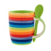 Mug rainbow horizontal stripes ceramic hand painted 10cm ht with spoon
