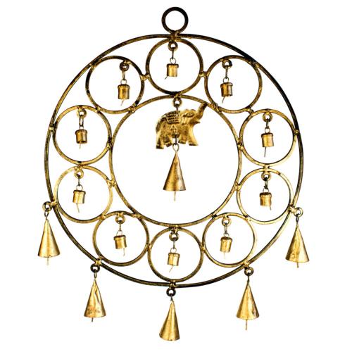 Chime, circle with elephant & bells, recycled brass, 29cm diameter