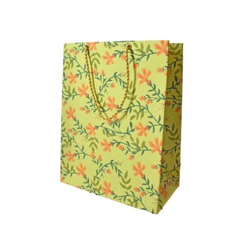 Gift Bag Handmade Paper Floral Design on Lime 18 x 23 x 9cm
