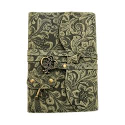 Notebook with Key Leather Floral Embossed Green 13 x 18cm
