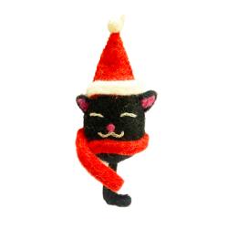 Hanging Decoration Handcrafted Felt Black Cat Red Hat 3x15cm