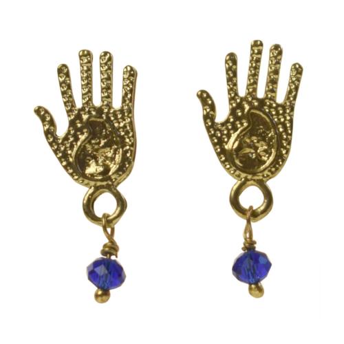 Stud earrings hamsa hand gold colour purple blue bead
