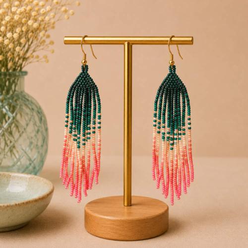 Earrings Small Beads Green Cream Pink 2 x 11cm