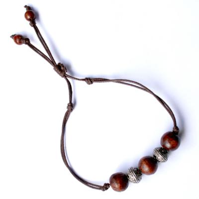 Bracelet, men’s/unisex, wood and metal beads on brown cord