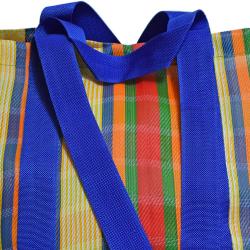 Beach/shopping bag recycled plastic cement bags, multicoloured bright stripes 56x36x22