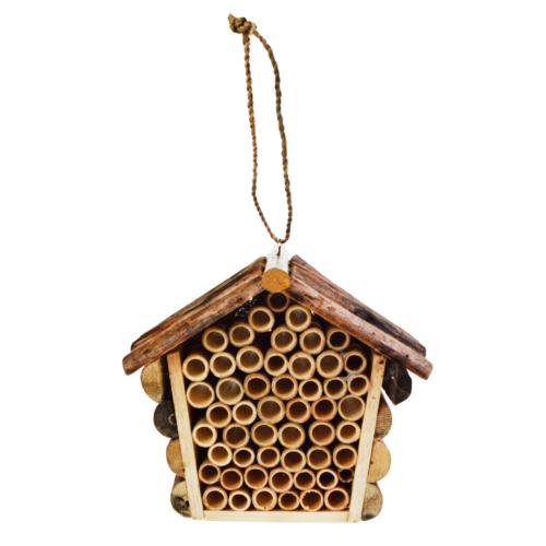 Driftwood and bamboo bee/bug hotel house shape with sloping roof 19x16.5x10