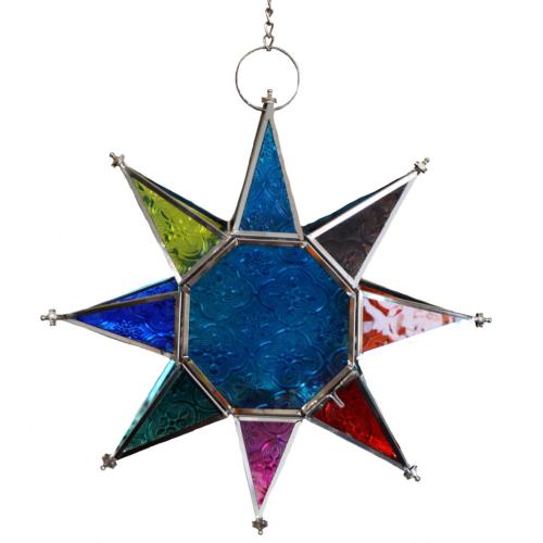 Lantern Tea Light Holder Hanging Star Recycled Glass, Blue Centre 27cm