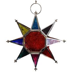 Lantern Tea Light Holder Hanging Star Recycled Glass, Red Centre 20cm