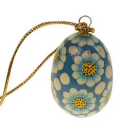 Hanging egg decoration, blue flowers on blue, papier maché, 4.5cm height