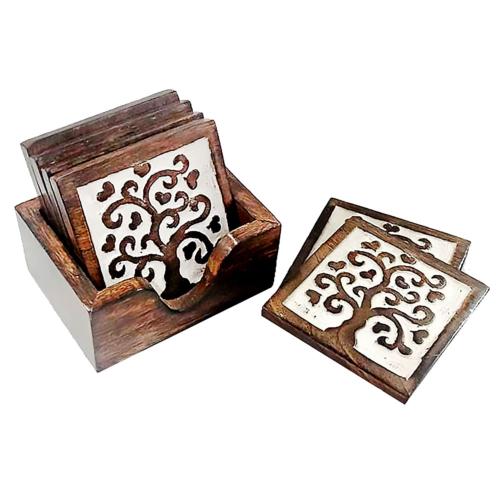 Set of 6 square coasters in holder, mango wood, Tree of Life design, 13x13x11cm