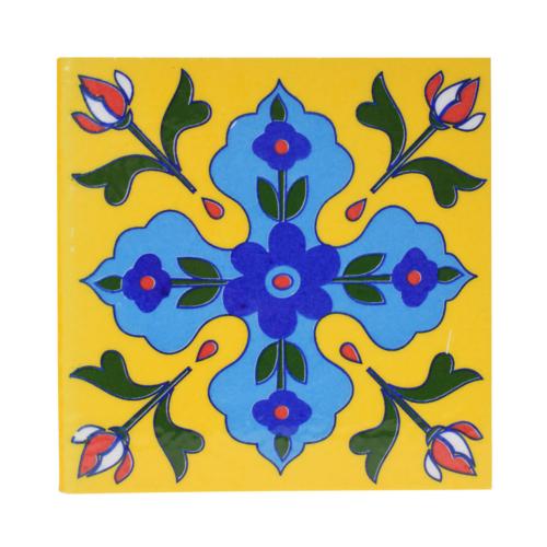 Single square ceramic coaster floral blue on yellow 10cm