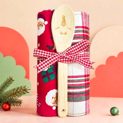 2 Christmas Tea Towels + Wooden Spoon Recycled Cotton