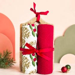 2 Christmas Tea Towels + Wood Serving Board Recycled Cotton