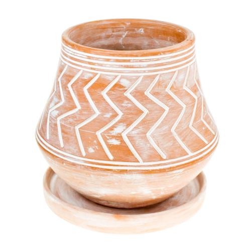 Terracotta plant pot with saucer, zigzag pattern