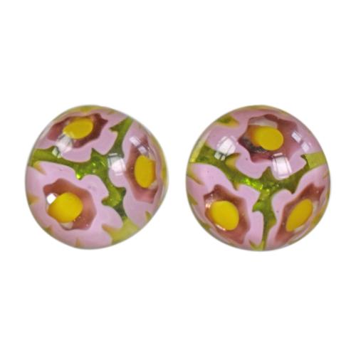 Ear studs, ‘Millefiori’ glass pink and yellow round 1cm diameter