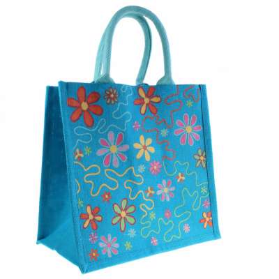 Jute shopping bag, flowers on blue