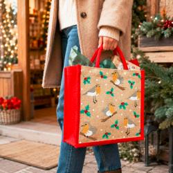 Jute shopper or Christmas gift bag, robins design 30x30cm