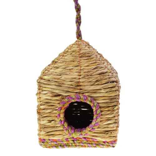 Bird house rice straw on frame 13x17x13cm