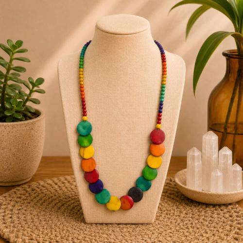 Necklace Handpainted Wooden Multicolour Round Flat Beads
