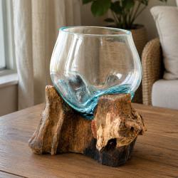 Shaped Bowl on Wood, Recycled Glass Small