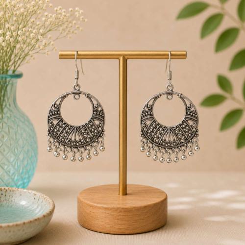 Earrings folk style silver colour circle hanging beads