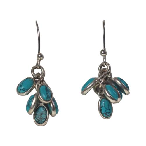 Brass earrings 5 turquoise drops, silver colour