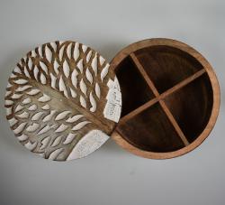 Spice or trinket box, Mango wood hand carved, Tree of life design 16.5cm diameter