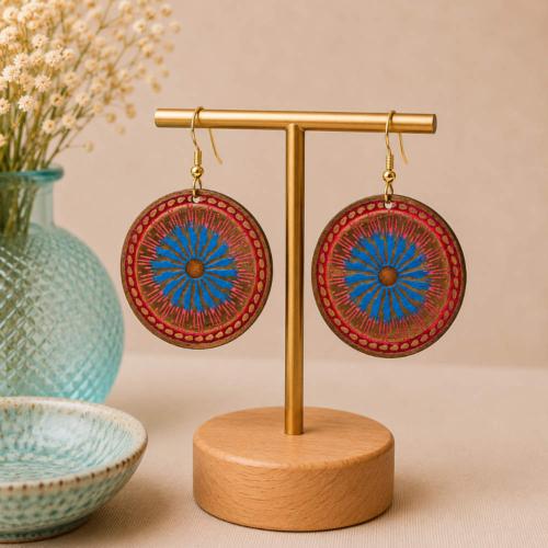 Earrings Round Gold Colour, red blue pattern 3cm diameter