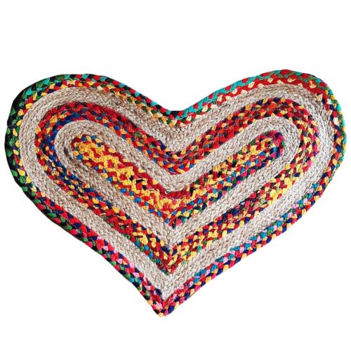 Rug/doormat, recycled cotton & jute heart multi coloured 45x60cm