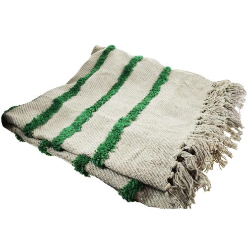 Throw/bedspread, recycled cotton, green tufted stripes