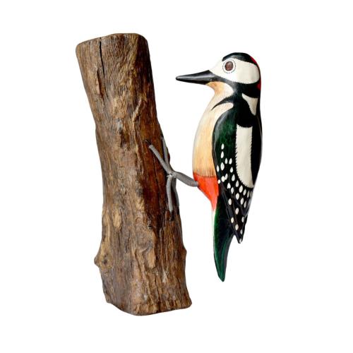 Spotted woodpecker on tree trunk, hand carved wooden indoor/garden ornament 18cm