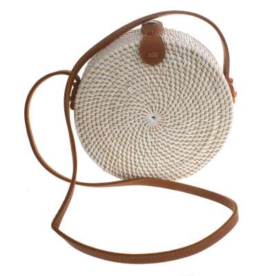 Shoulder bag, rattan, round, faux leather strap, white