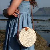 Shoulder bag, rattan, round, faux leather strap, white